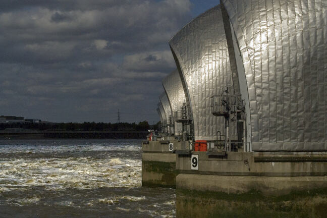 General view looking along the Thames flood barrier from the south