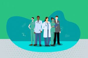 An animated picture of a group of mixed health care professionals 