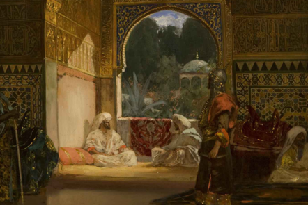 Constant's Painting 'In the Sultan's Palace' showing men in discussion in an ornate palace